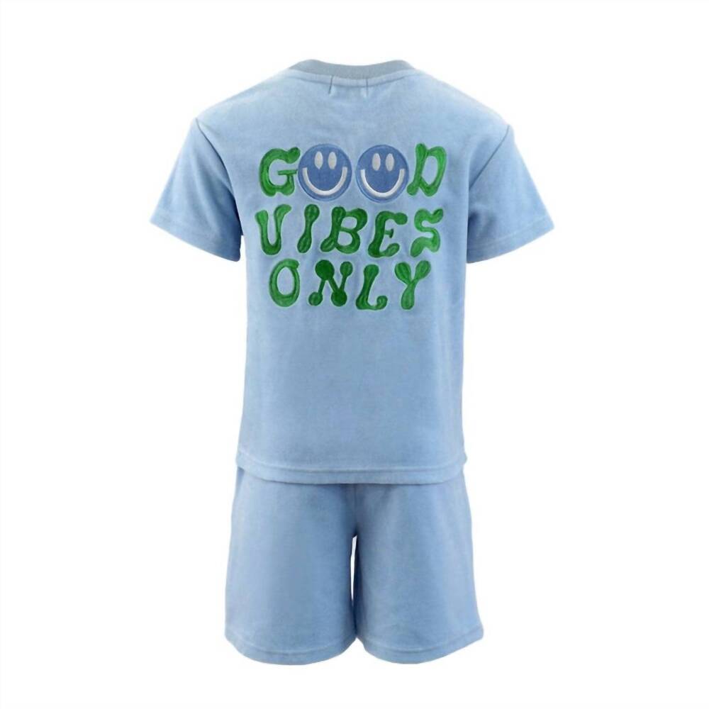 NEW LOLA + THE BOYS good vibes only velour short set in baby blue - Picture 2 of 2